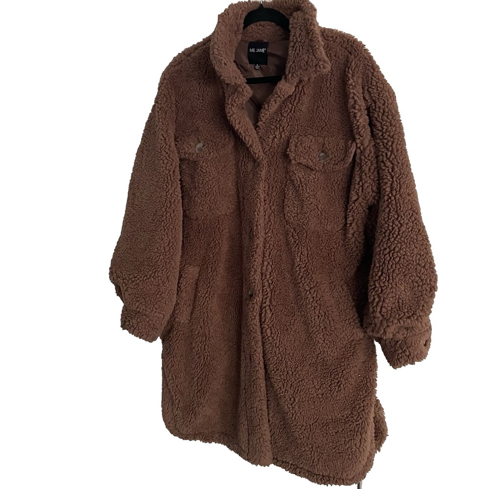 Me Jane Women's XL Brown Shearling Faux Fur Fuzzy Oversize Shacket Coat Jacket - Picture 2 of 6